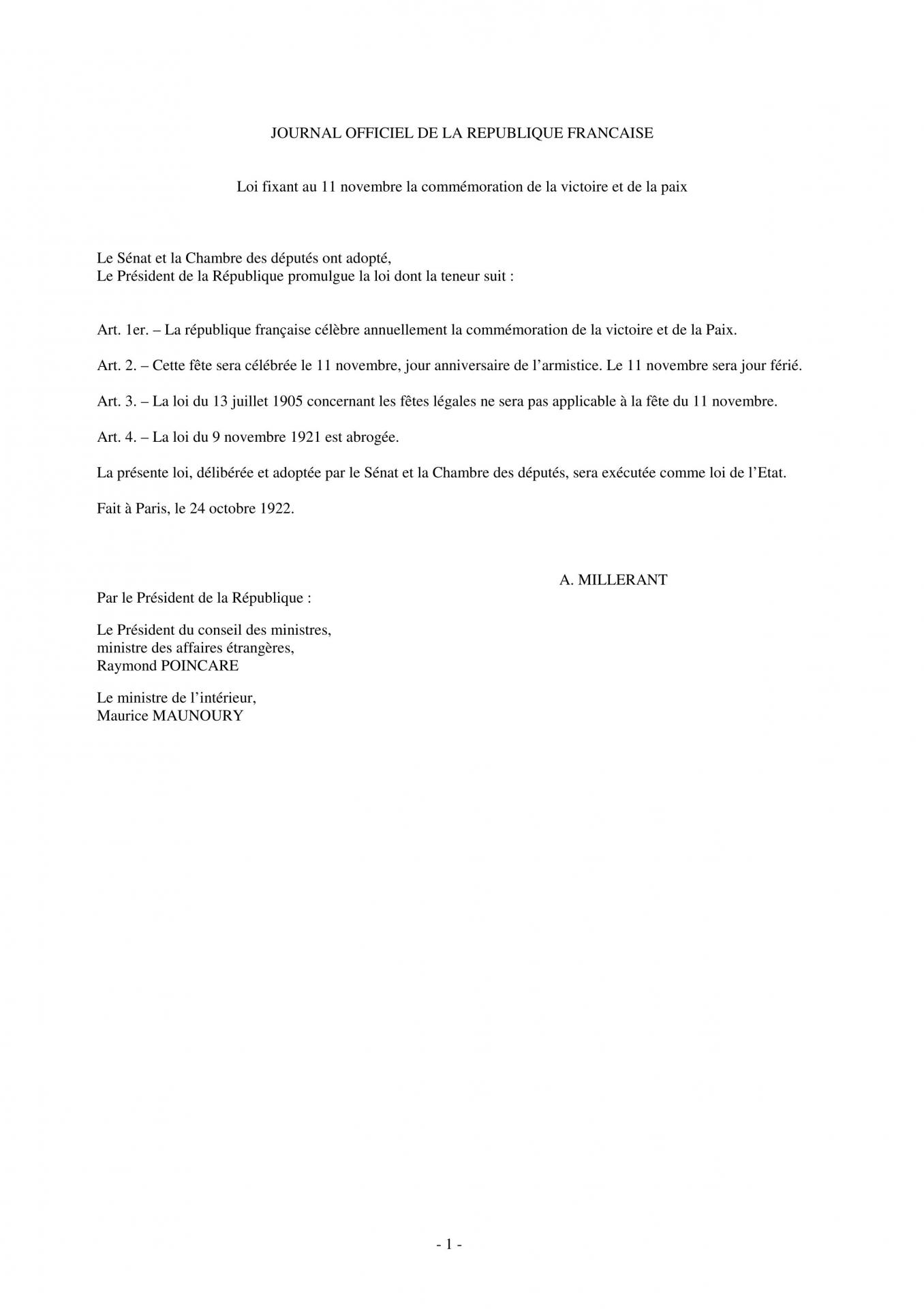 Loi du 24 octobre 1922 fixant la journee commemorative du 11 novembre 01